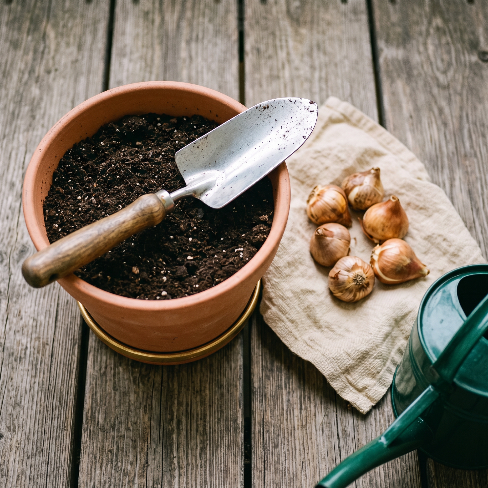 A terracotta pot of soil on a wooden balcony with a small trowel and a few flower bulbs