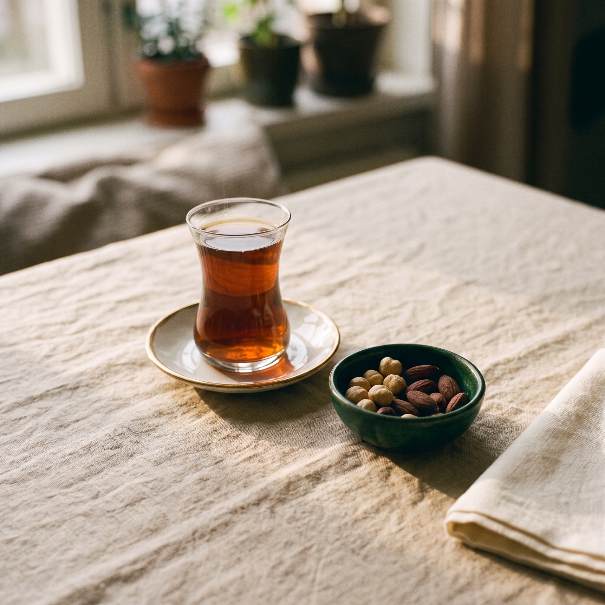 İnce belli çay bardağının yanında küçük bir kasede çiğ fındık ve badem