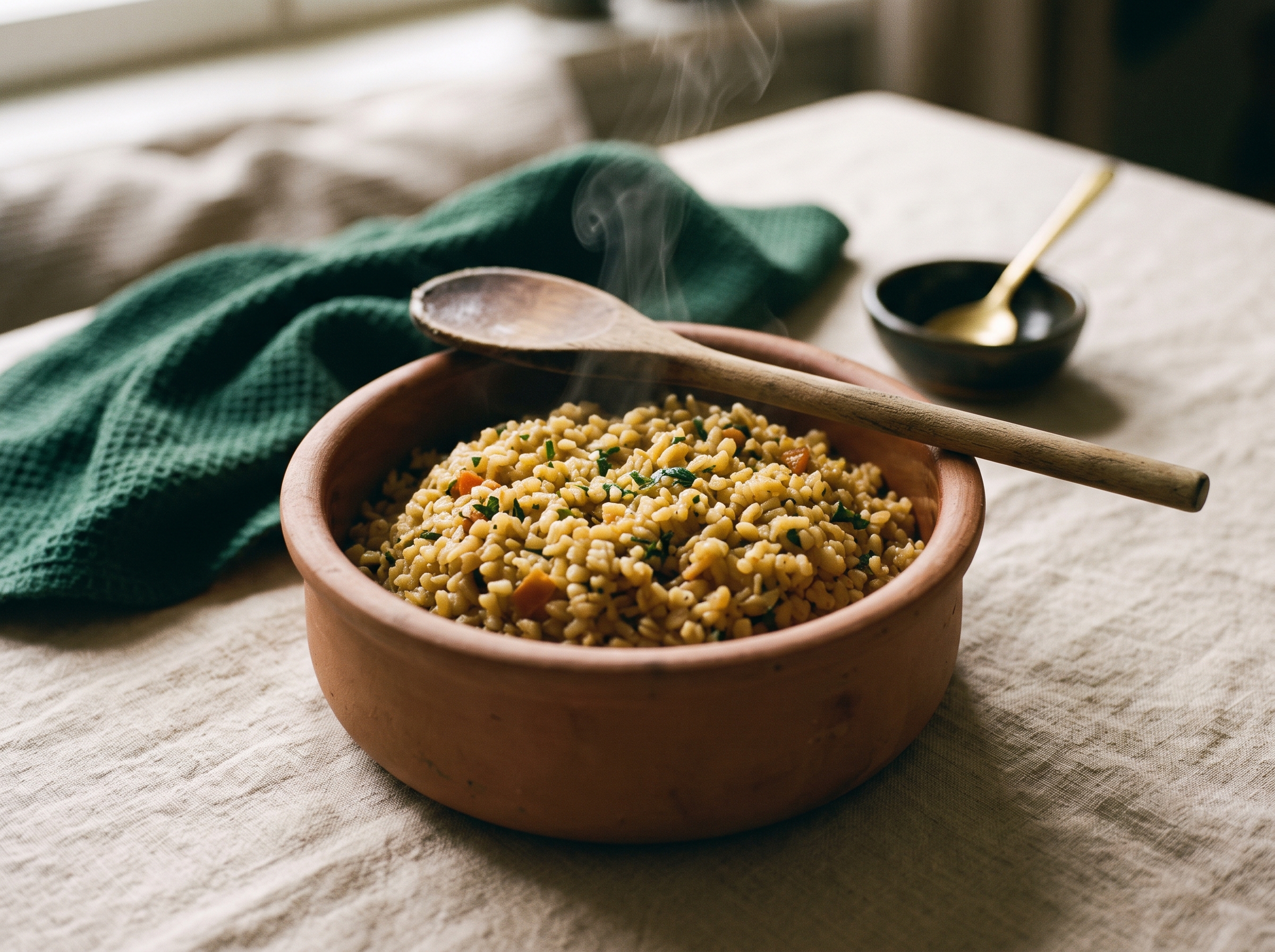 A clay pot of steaming bulgur with a wooden spoon resting across the rim