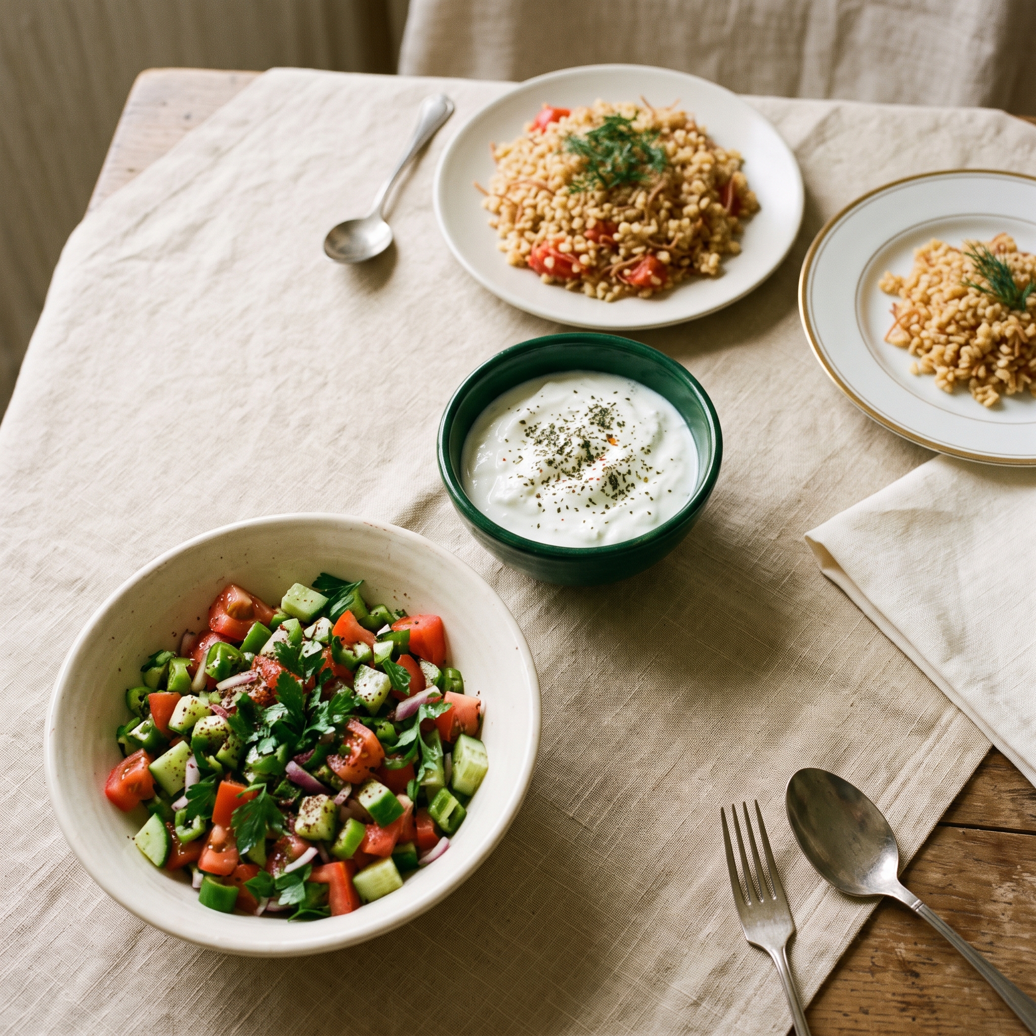 Üstten çekilmiş sofrada önde bir kase çoban salatası, ortada yoğurt, arkada bir tabak bulgur pilavı