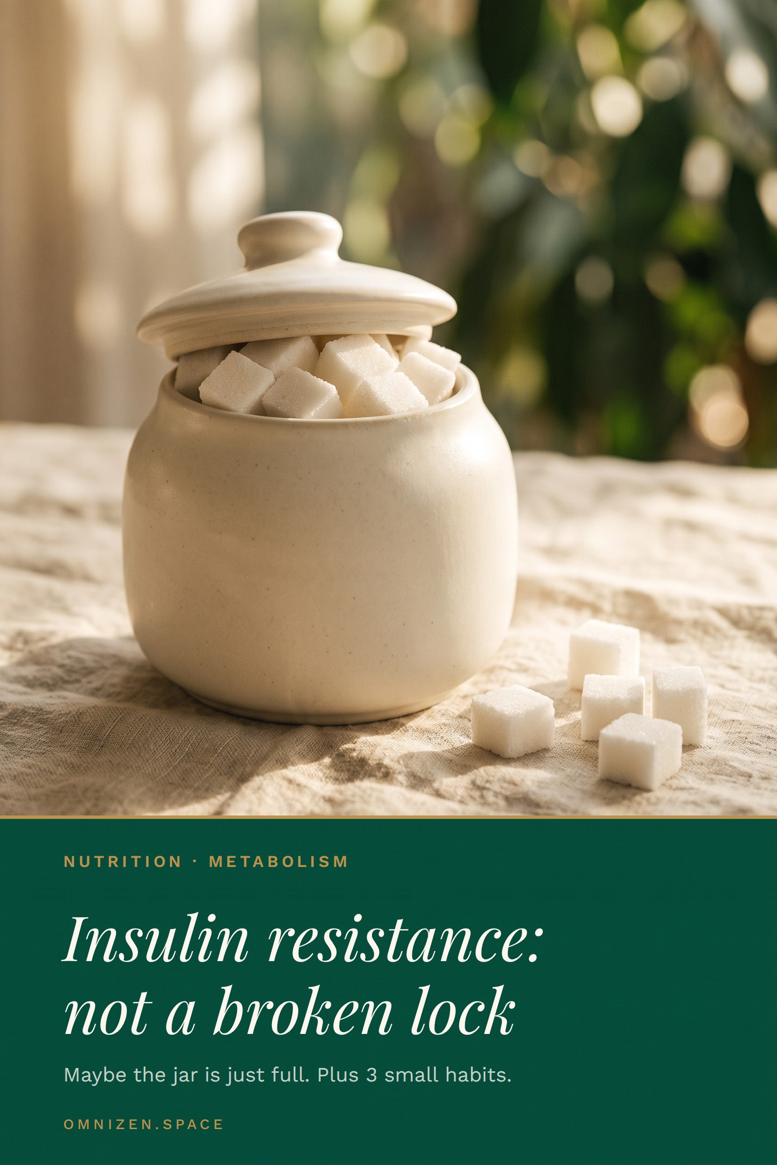 Vertical graphic titled "Insulin resistance: not a broken lock, a full jar