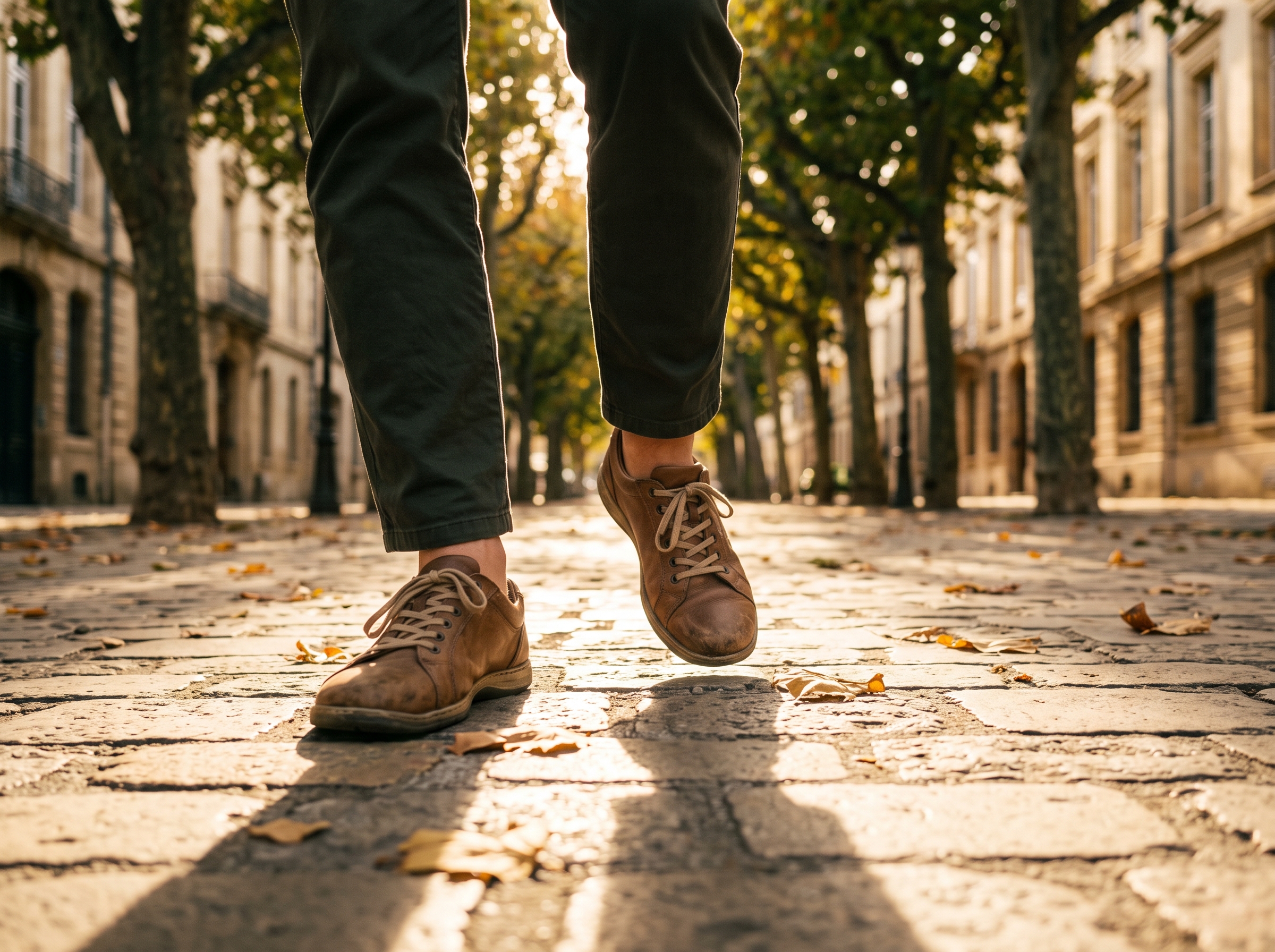 Walking shoes mid-stride on a tree-lined street in golden evening light