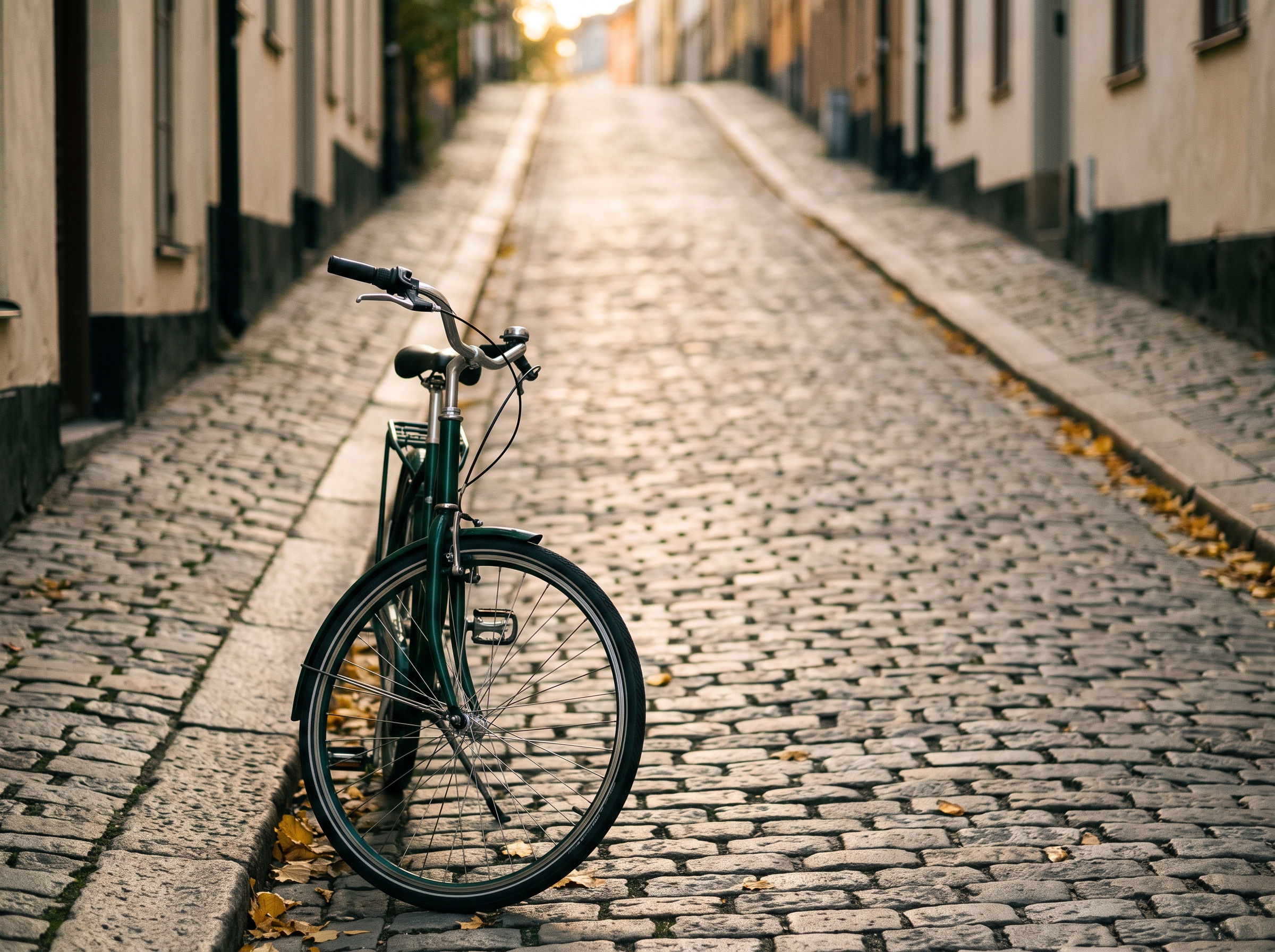 The front wheel of a green bicycle parked at the bottom of a steep cobbled hill in golden evening light