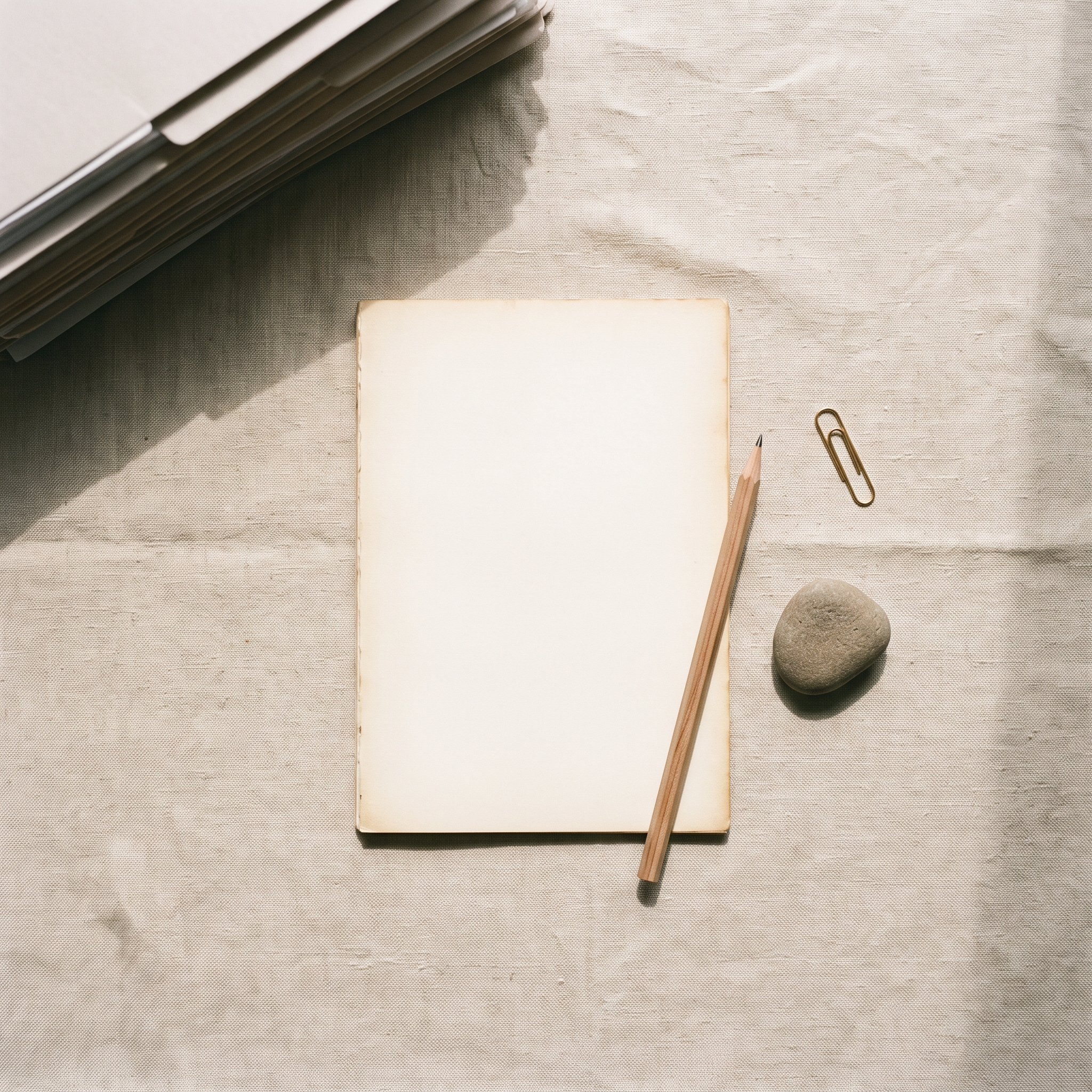 Overhead view of a blank notebook page with a single pencil and a small smooth pebble